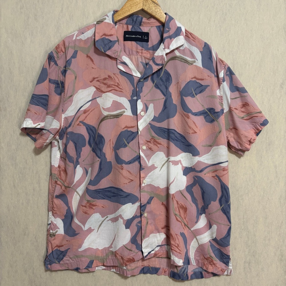 Abercrombie & Fitch Camp Shirt Pink Blue Floral Leaf Tropical Resort Festival L